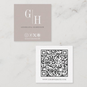 Simple Warm Taupe Monogram Logo QR Code Square Business Card