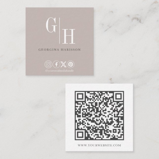 Simple Warm Taupe Monogram Logo QR Code Square Business Card (Front/Back)