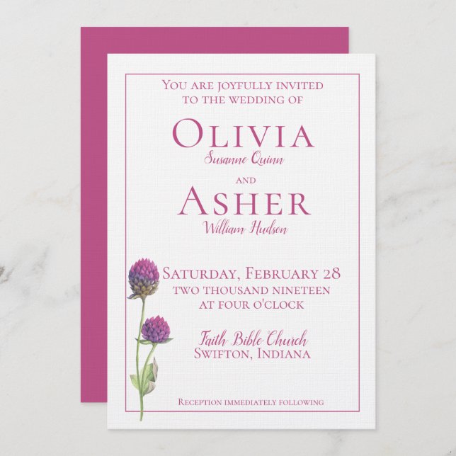 Simple Watercolor Amaranth Thistle Flower Wedding Invitation (Front/Back)
