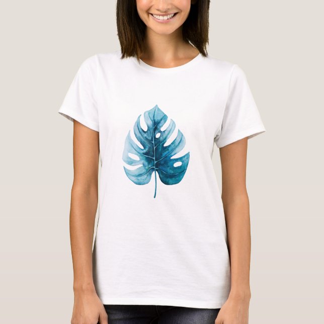 Simple Watercolor Blue Monstera Illustration T-Shirt (Front)
