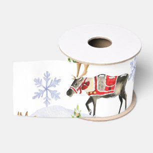 Simple watercolor Boho Christmas Reindeer tree Grosgrain Ribbon