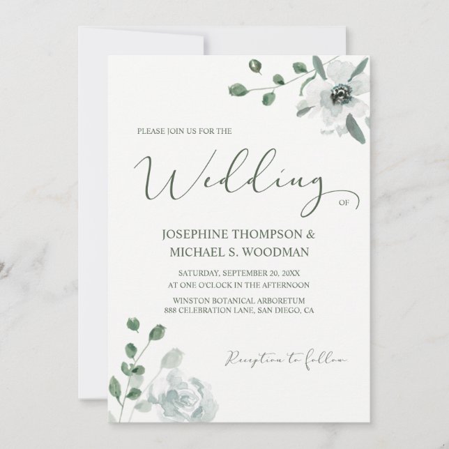 Simple Watercolor Botanical Green Wedding Script Invitation (Front)
