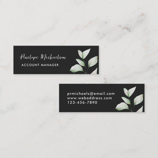 Simple Watercolor Botanical Leaves Script Black Mini Business Card (Front/Back)