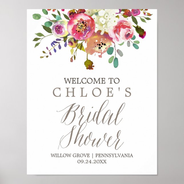 Simple Watercolor Bouquet Bridal Shower Welcome Poster (Front)