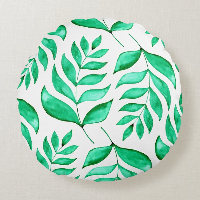 Simple watercolor branches - green round cushion (Front)