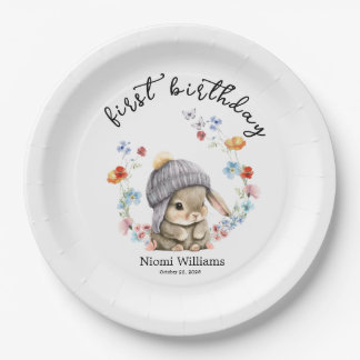 Simple Watercolor Bunny First Birthday Paper Plate