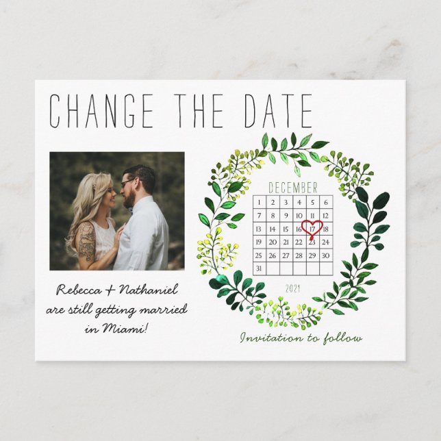 Simple Watercolor Change the Date Calendar Heart Announcement Postcard (Front)