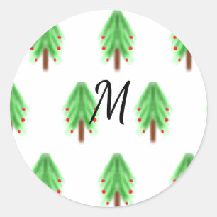 Simple watercolor Christmas pattern add monogram  Classic Round Sticker