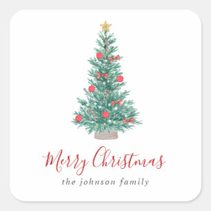 Simple Watercolor Christmas Tree Festive Square Sticker