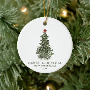 Simple Watercolor Christmas Tree Photo Year Ceramic Ornament