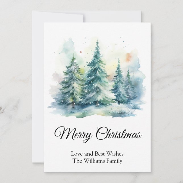 Simple Watercolor Christmast Tree Merry Christmas Holiday Card (Front)