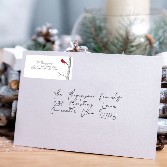 Simple Watercolor Classic Winter Red Cardinal  Label (Simple winter red cardinal and birch tree return address label. )