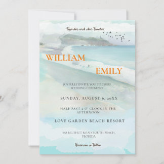 Simple Watercolor Coastal Beach Wedding Invitation