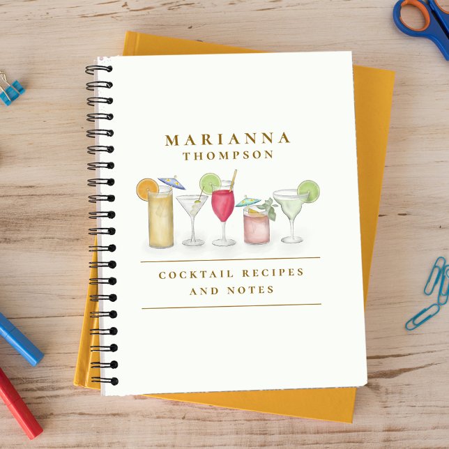 Simple Watercolor Cocktail Drinks Stylish Custom  Notebook (Watercolor cocktail drinks colorful spiral notebook with martini, margaritas, wine and other drinks,)