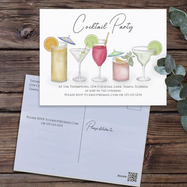Simple Watercolor Cocktail Party Drinks Whimsical Postcard (Creator Uploaded)