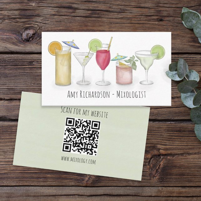 Simple Watercolor Cocktails Drinks Bartender  Business Card (Creator Uploaded)