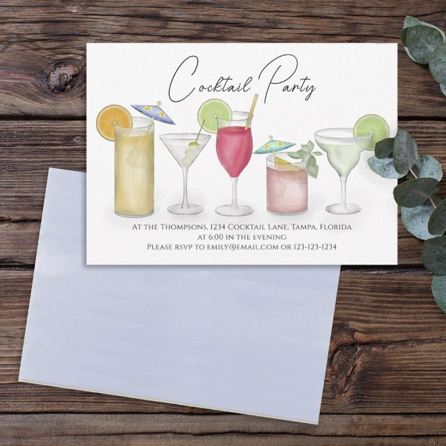 Simple Watercolor Cocktails Drinks Whimsical Fun Invitation (Creator Uploaded)