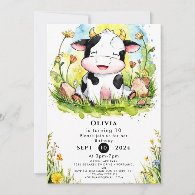 Simple Watercolor Cow Birthday Invitation (Front)