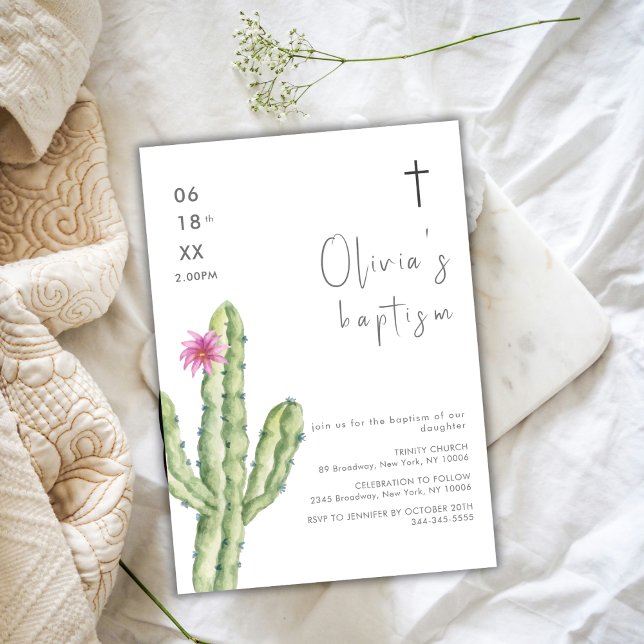 Simple Watercolor Cuctus Flower Cross Baptism Invitation (Simple Watercolor Cuctus Flower Cross Baptism Invitation)