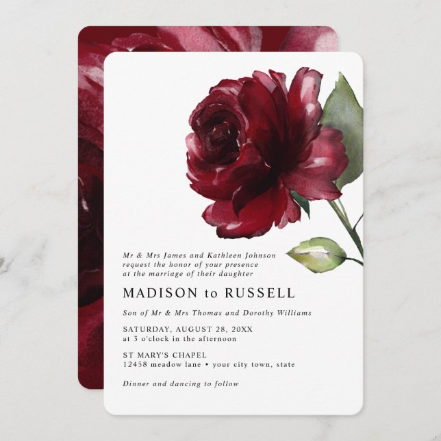 Simple Watercolor Deep Red Rose Formal Wedding Invitation (Front/Back)