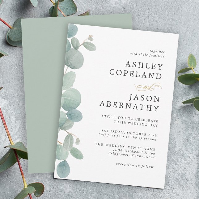 Simple Watercolor Eucalyptus Border Wedding Invitation (A simple watercolor eucalyptus border make this wedding invite a versatile choice for all seasons.)