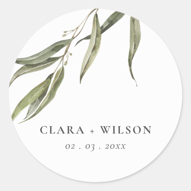 Simple Watercolor Eucalyptus Botanical Wedding Classic Round Sticker (Front)