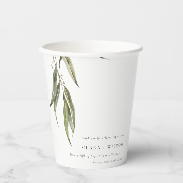 Simple Watercolor Eucalyptus Botanical Wedding Paper Cups (Front)
