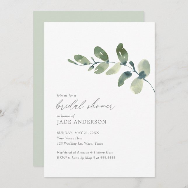 Simple Watercolor Eucalyptus Bridal Shower Invitation (Front/Back)