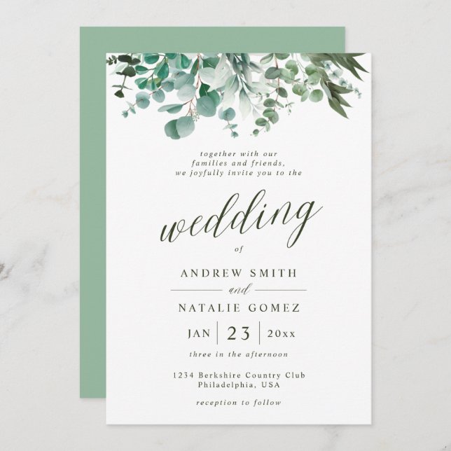 Simple Watercolor Eucalyptus Greenery Wedding Invitation (Front/Back)