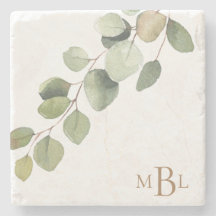 Simple Watercolor Eucalyptus Monogram Stone Coaster