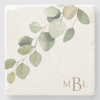Simple Watercolor Eucalyptus Monogram Stone Coaster