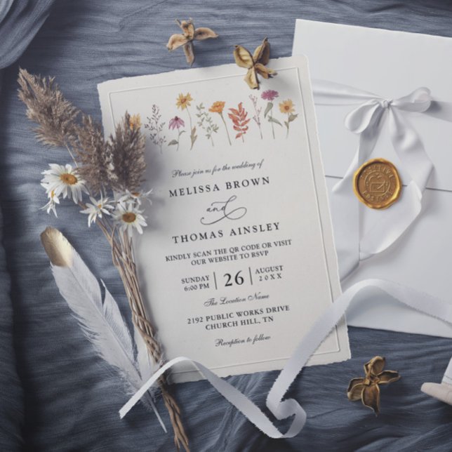 Simple Watercolor Fall Wildflower QR Code Wedding Invitation (Creator Uploaded)