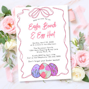 Simple Watercolor Floral Eggs Bow Easter Brunch Invitation