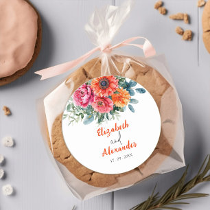 Simple Watercolor Floral   Orange & Pink   Wedding Classic Round Sticker