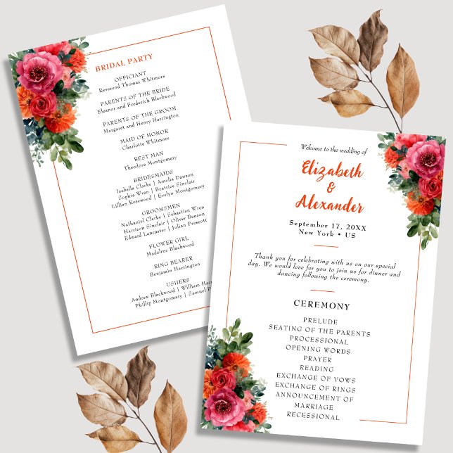 Simple Watercolor Floral Orange & Pink Wedding Program (Creator Uploaded)