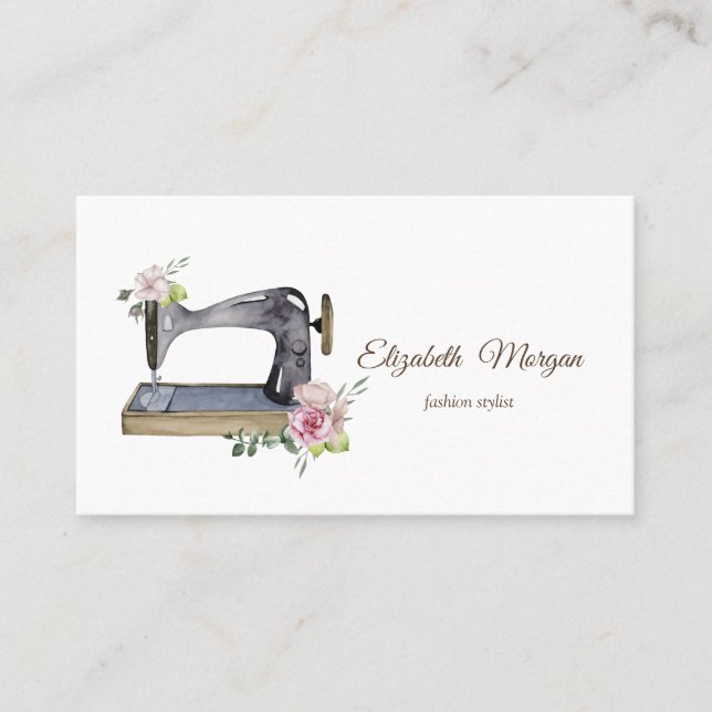 Simple Watercolor Floral Sewing Machine  Business Card (Front)