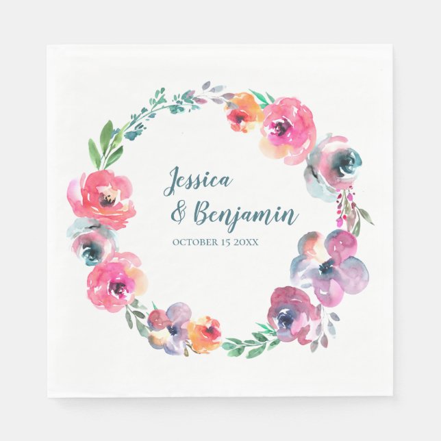 Simple Watercolor Flowers Modern Elegant Wedding  Napkin (Front)