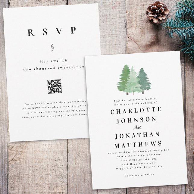 Simple Watercolor Forest Woodland Wedding QR Code Invitation (Modern simple watercolor woodland evergreen forest wedding qr code invitation Elegant typography )
