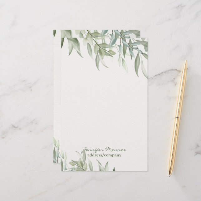 Simple watercolor green leaves personalised stationery (Front/Back In Situ)