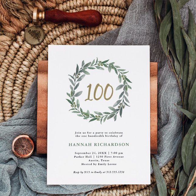 Simple Watercolor Greenery and Gold 100th Birthday Invitation (Creator Uploaded)
