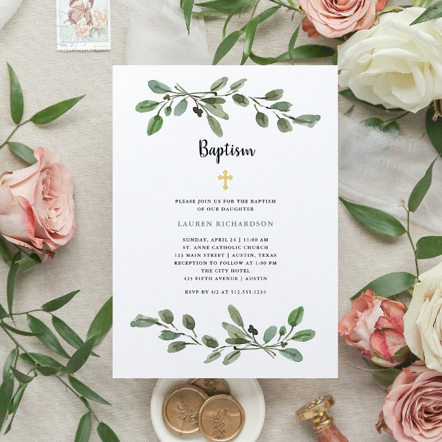 Simple Watercolor Greenery and Gold | Baptism Invitation (Creator Uploaded)