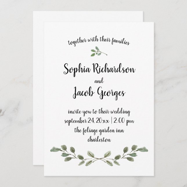 Simple Watercolor Greenery and Script | Wedding Invitation (Front/Back)