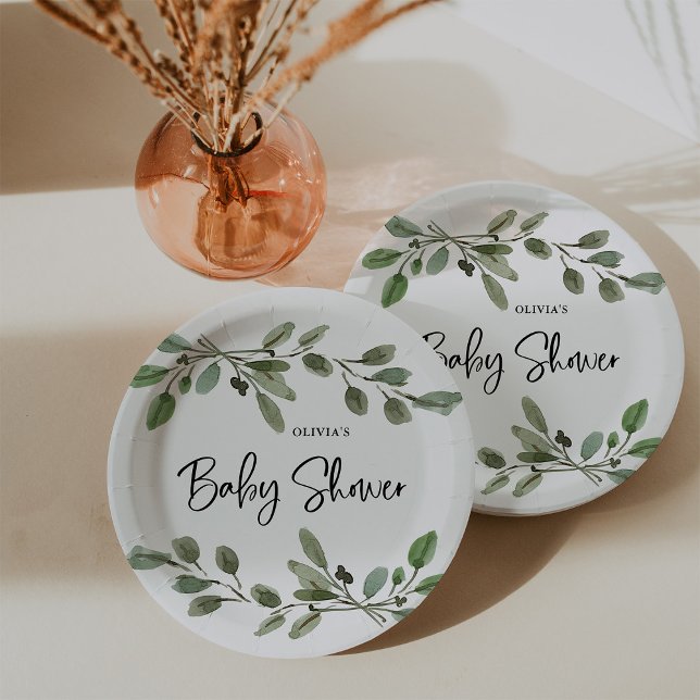 Simple Watercolor Greenery | Baby Shower Paper Plate (Creator Uploaded)