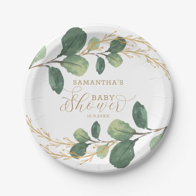 Simple Watercolor Greenery Botanical Baby Shower Paper Plate (Front)