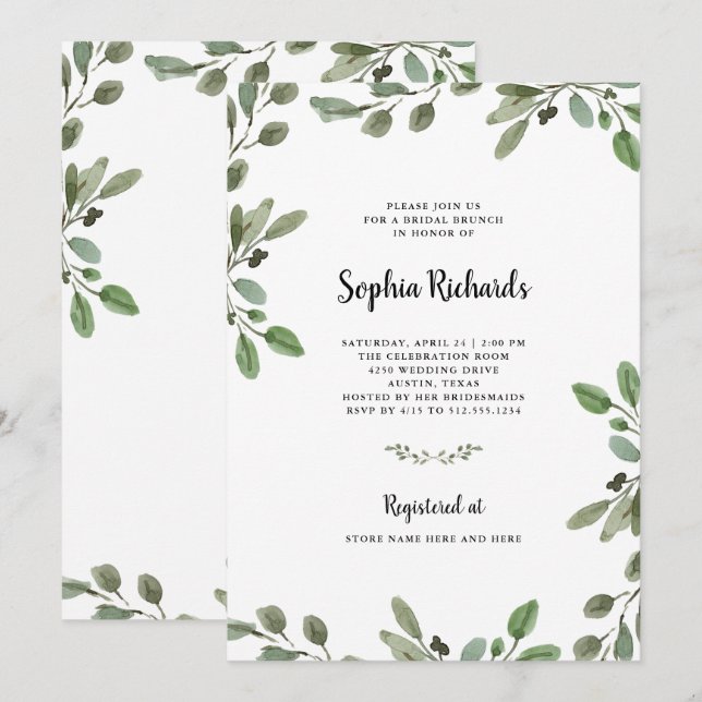 Simple Watercolor Greenery | Bridal Brunch Invitation (Front/Back)