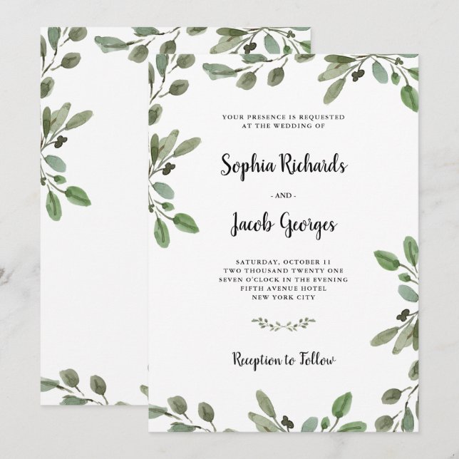 Simple Watercolor Greenery | Elegant Wedding Invitation (Front/Back)