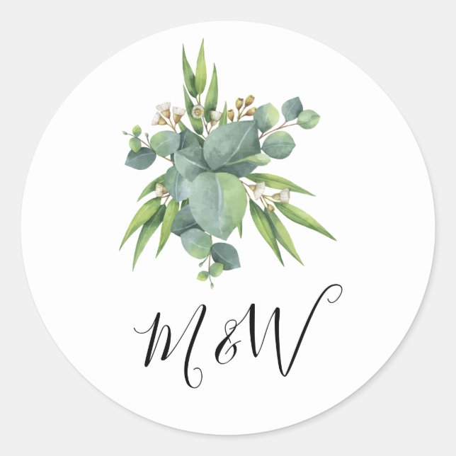 Simple Watercolor Greenery monogram Classic Round Sticker (Front)