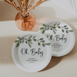 Simple Watercolor Greenery Oh Baby | Baby Shower Paper Plate<br><div class="desc">These lovely minimalist gender neutral baby shower paper plates feature simple,  watercolor botanical green leaves on a clean,  white background. Trendy black script typography says "oh baby" and adds an extra touch of modern style.</div>