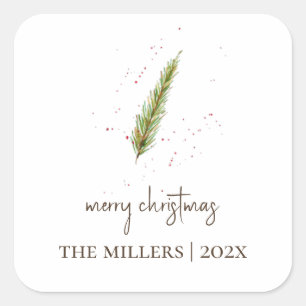 Simple Watercolor Greenery Personalised Christmas Square Sticker