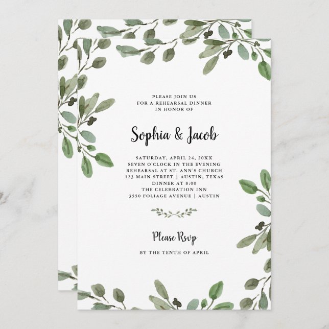 Simple Watercolor Greenery | Rehearsal Dinner Invitation (Front/Back)